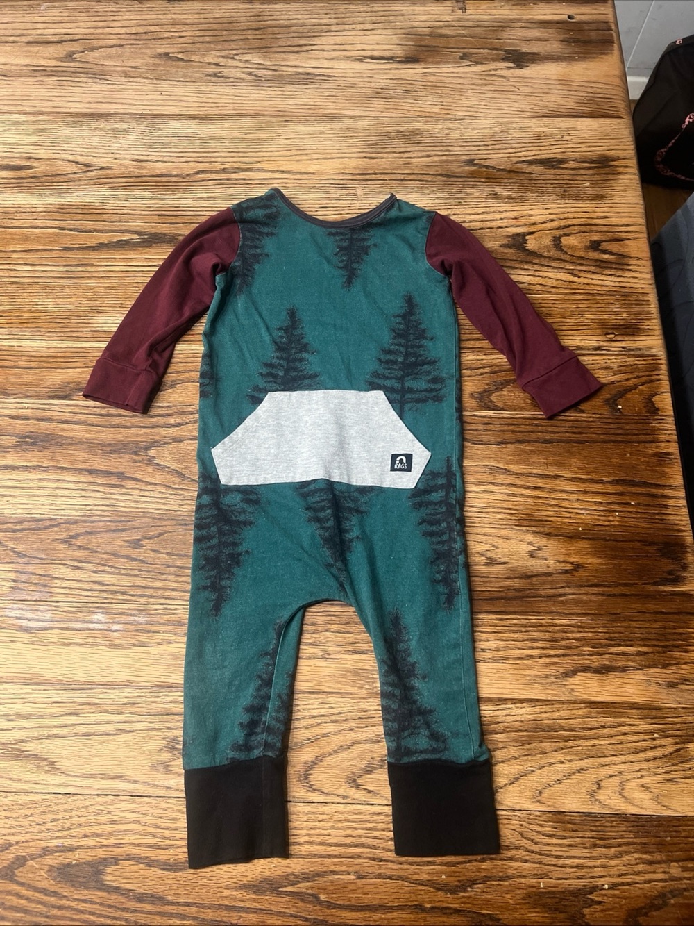 Toddler Forest-Print One-Piece Footie in Green with Burgundy Sleeves
